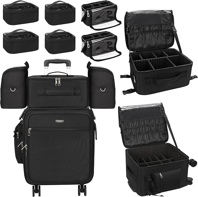 Relavel Rolling Makeup Case–Professional Makeup Train Case,Makeup Artist Travel Bag with Wheels,8-in-1 Portable Travel Beauty Trolley Case for Cosmetology Storage(Black)