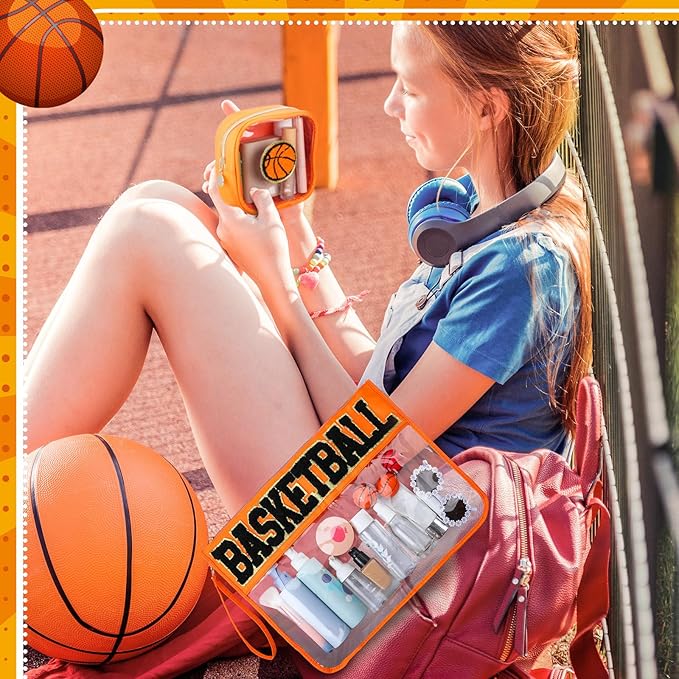 Hillban 2 Pcs Basketball Girls Gifts Makeup Cosmetic Bag Clear Toiletry Purse Chenille Letter Zipper Pouch Basketball Accessories for Women Sport Portable Travel Stuff Storage Case Bags