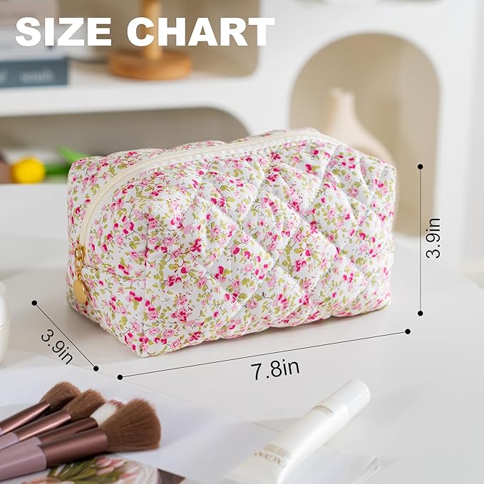 Makeup Bag Travel Toiletry Bag for Women, Small Cosmetic Bags Cute Quilted Cotton Makeup Pouch for Purse Emergency Bag for School Floral Pencil Case Accessory Bag, Spring