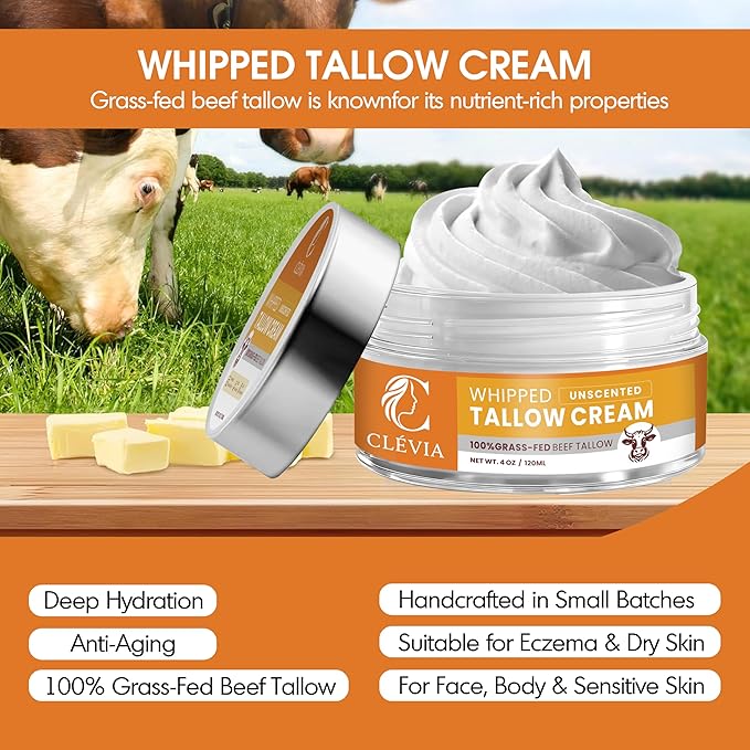 Beef Tallow Moisturizer with Organic Jojoba Oil 4 oz - Ancestral Anti-Wrinkle Skincare - Grass Fed Tallow Cream for Face & Body - Whipped Tallow Balm for Dry & Sensitive Skin Repair | Unscented