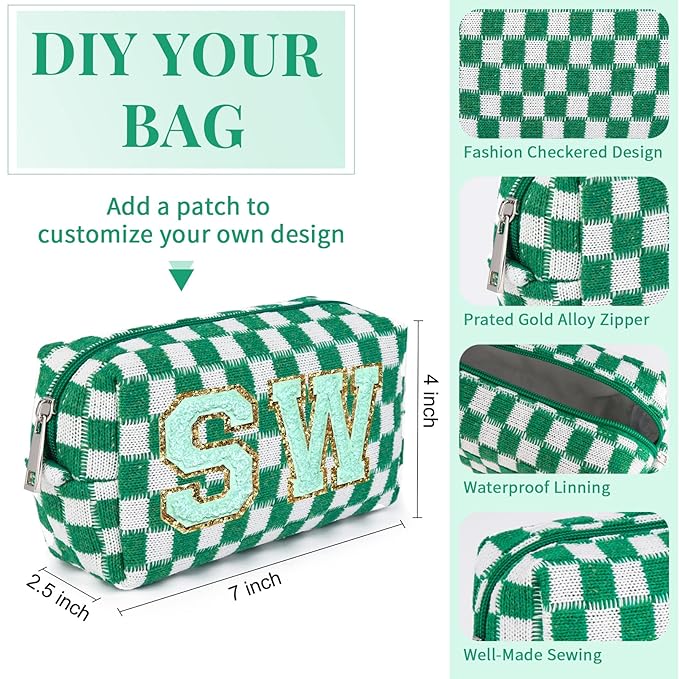 SOIDRAM Checkered Makeup Bag Preppy Cosmetic Bag Bulk Green Makeup Pouch Personalize Travel Toiletry Bag Organizer Cute DIY Makeup Brushes Storage Bag for Women