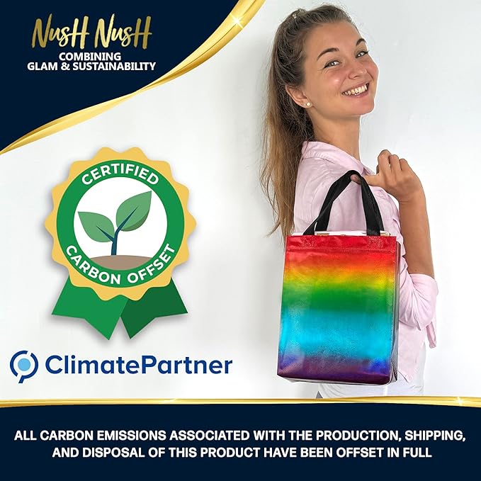 Nush Nush Holographic Rainbow Gift Bags Medium Size– Set of 12 Colorful, Reusable Rainbow Gift Bags with Handles - Ideal Goodie Bag for Birthday Party, Kids Party, Sleepover, Pride Events - 8x4x10