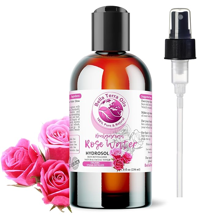 Bella Terra Oils - Rosewater Spray 8oz - Crafted from the Heart of Roses, Subtle Face and Hair Refreshment, Pure Bulgarian Rose Essence