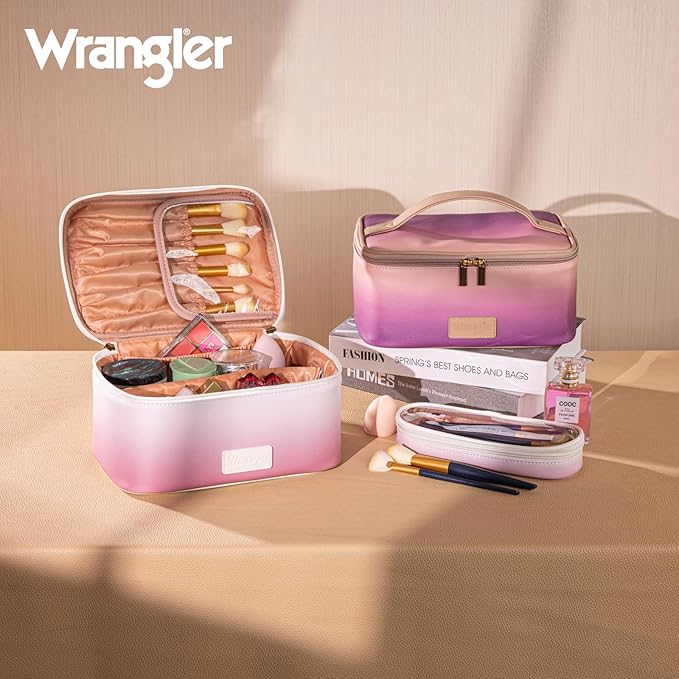Montana West X Wrangler Travel Makeup Bag 2pcs Set Large Cosmetic Bag with Makeup Brush Holder Portable Make Up Organizer Cute Toiletry Bag with Divider and Handle for Women Gradient