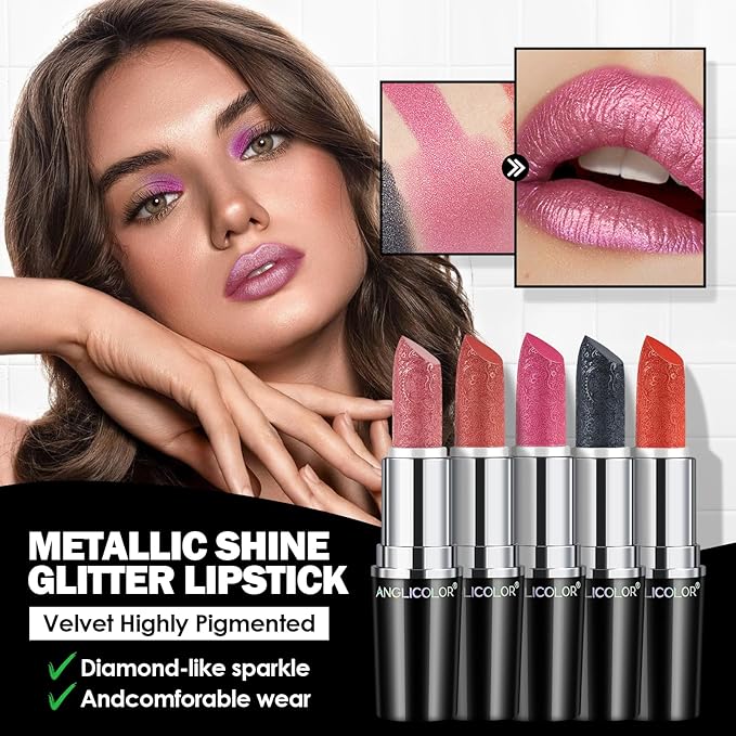 Anglicolor Glitter Metallic Pink Lipstick,High Impact Lipcolor,Lightweight Hydrating Formula Smooth and Non-Sticky,Rose Lipstick For Women,Full-Coverage Lip Makeup (04 BLUSH WINES, 4g)