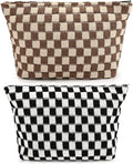 SOIDRAM 2 Pieces Makeup Bag Large Checkered Cosmetic Bag Capacity Canvas Travel Toiletry Bag Organizer Cute Makeup Brushes Aesthetic Accessories Storage Bag for Women, Checkered L Black Brown