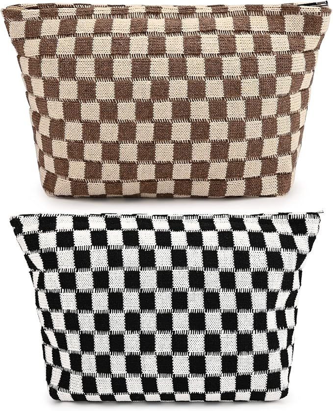 SOIDRAM 2 Pieces Makeup Bag Large Checkered Cosmetic Bag Capacity Canvas Travel Toiletry Bag Organizer Cute Makeup Brushes Aesthetic Accessories Storage Bag for Women, Checkered L Black Brown