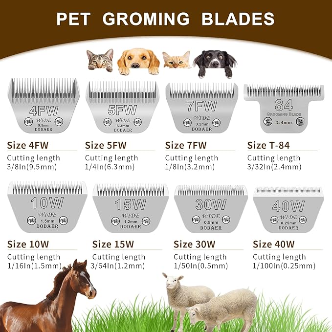 Size 30W+10W+7FW+5FW+4FW Detachable Dog,Cat,Sheep & Horse Grooming Wide Blades Set,Compatible with Andis,Oster A5,Wahl KM10 Series Clippers,Cut Length 1/50"(0.5mm) to 3/8”(9.5mm),5 Pack