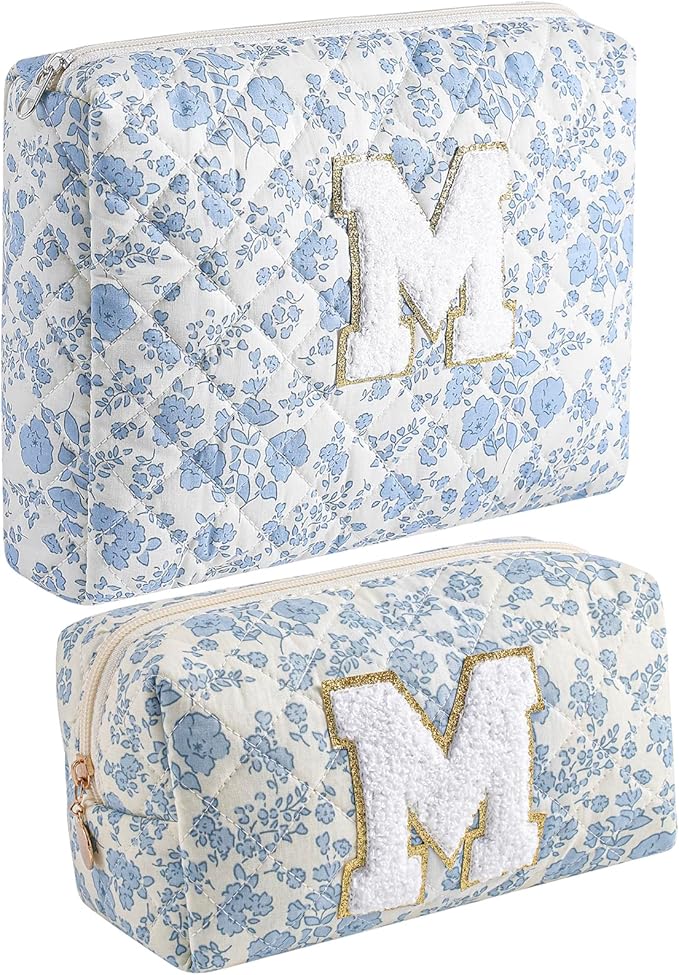 JOVAKIT Alphabet Makeup Bag Cosmetic Bag for Women, Christmas Gifts for Girls Age 6-18, Floral Flowers Coquette Travel Toiletry Zipper Make Up Pouch Organizer Trendy Stuff (2Pcs Blue Floral M)