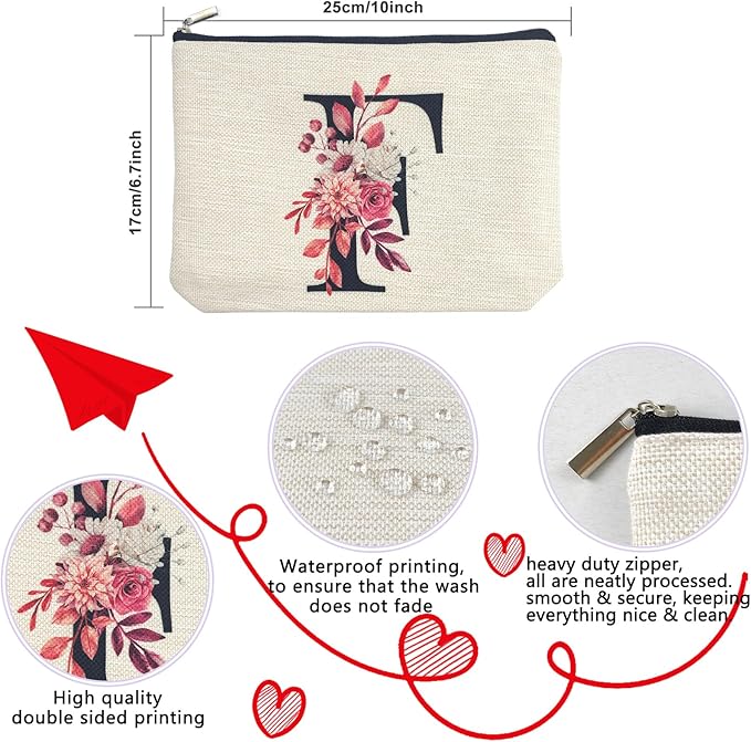Initial A-Z Personalized Floral Makeup Bag, Monogrammed Birthday Gifts for Women Mom, Mothers Day Christmas Gift Ideas for Best Friend, Bride Bridesmaid, Her, Grandma, Small Travel Cosmetic Bag (F)