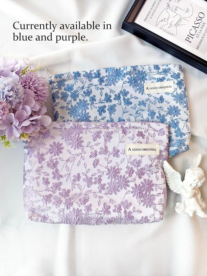 STARDW Aesthetic Floral Makeup Bag Cute Small Cosmetic Bags for Women Girls, Travel Toiletry Bag Large Capacity Zipper Makeup Pouch, Purse Organizer Pouches (Embroidery)