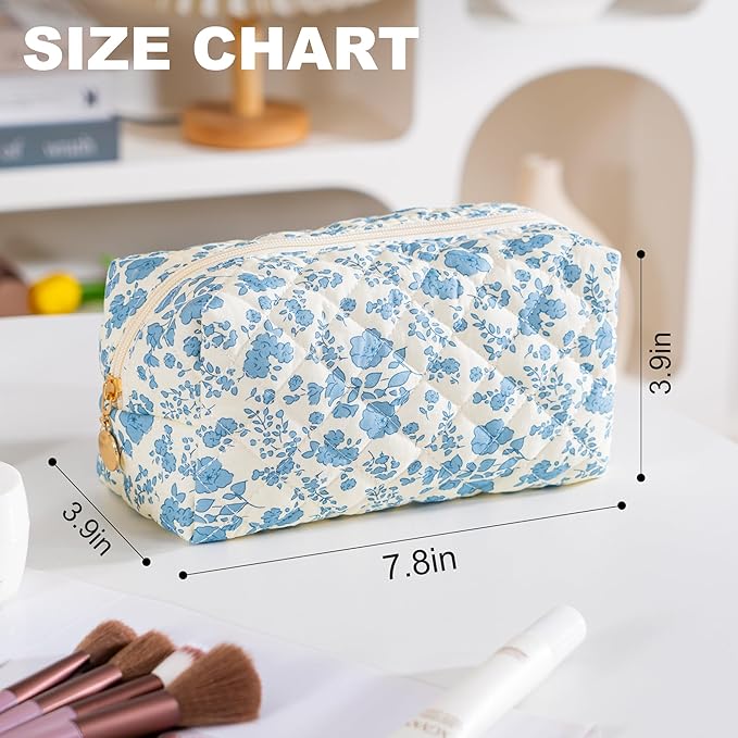 Makeup Bag Travel Toiletry Bag for Women, Small Cosmetic Bags Cute Quilted Cotton Makeup Pouch for Purse Emergency Bag for School Floral Pencil Case Accessory Bag, Blue