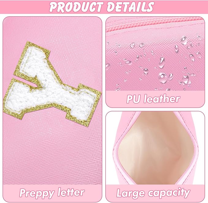 Initial Makeup Bag Personalized Preppy Travel Small Cosmetic Bag Cute PU Pink Chenille Letter Makeup Pouch for Purse Waterproof Zippered Toiletry Organizer for Women Girls Kids Friends (Y)