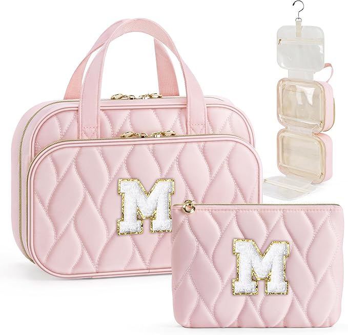 YOOLIFE Birthday Gifts for Women Teen Girls - Hanging Toiletry Bag Initial Makeup Bag, Personalized Large Toiletry Bag, Gifts for Women Teen Girls Daughter Sister - Letter M, Pink