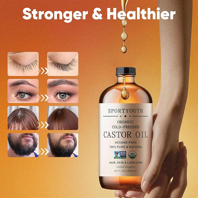 SPORTYOUTH Organic Castor Oil Cold Pressed Hexane Free 32 oz Glass Bottle USDA Certified 100% Pure Unrefined Carrier Oil for Hair Growth, Scalp, Castor Oil Pack, Eyelashes, Brows, Skin, Face, Body