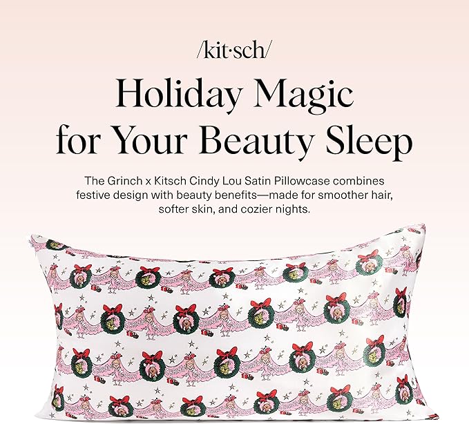 The Grinch x Kitsch Satin Pillowcase with Zipper for Hair & Skin - Softer Than Silk Pillow Cases, Smooth Cooling Pillow Cover, Wrinkle-Free, Machine Washable, King Size (19x36)- Cindy Lou