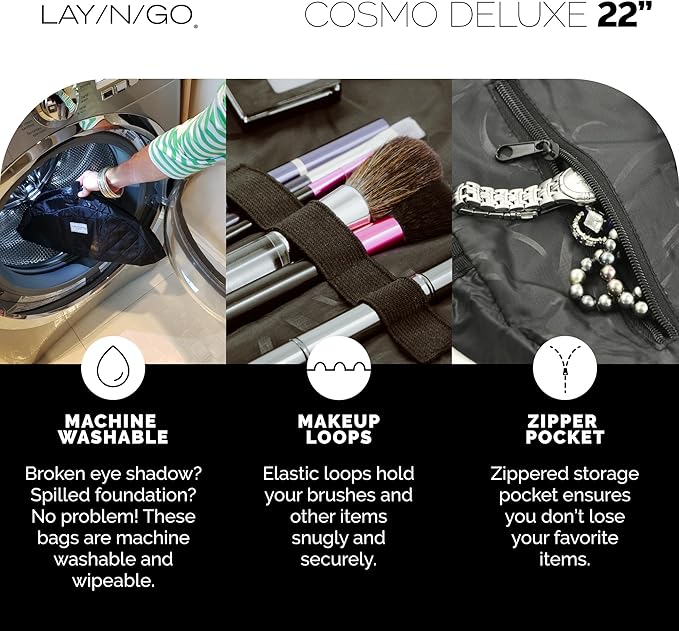 Lay-n-Go Cosmo Layflat Cosmetic & Makeup Bag Organizer - Portable Drawstring Bag w/Zipper Pocket, Brush Storage Loops & More - Durable, Machine Washable Toiletry Bag for Travel (22", Black)