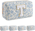 JOVAKIT Alphabet Makeup Bag Cosmetic Bag for Women, Christmas Gifts for Girls Age 6-18, Floral Flowers Coquette Travel Toiletry Zipper Make Up Pouch Organizer Trendy Stuff (Blue Floral T)