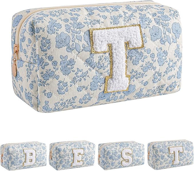 JOVAKIT Alphabet Makeup Bag Cosmetic Bag for Women, Christmas Gifts for Girls Age 6-18, Floral Flowers Coquette Travel Toiletry Zipper Make Up Pouch Organizer Trendy Stuff (Blue Floral T)