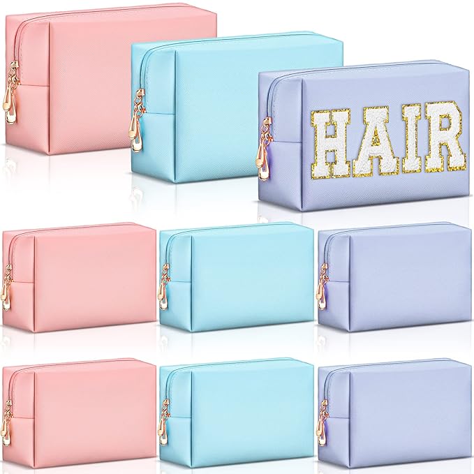 Sanwuta 9 Pcs Makeup Bags Bulk PU Double Zippers Cosmetic Bag Makeup Toiletry Christmas Small Pouch Portable Travel Organizers Case for Women Bridesmaid Party End of The Year(Pink, Blue, Purple)