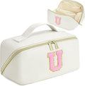 for Christmas Day Gifts, Makeup Bag for Women, PU Leather Travel Toiletry Bags, Initial Make Up Cosmetic Pouch for Teen Girls, Wide Open Portable Skincare Bag, Personalized Birthday Gifts, White U
