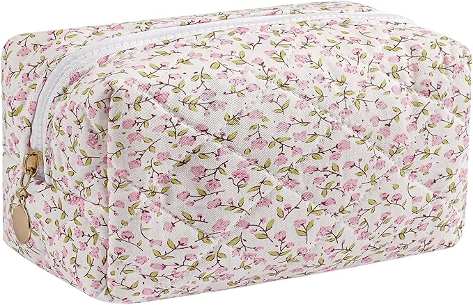 JOVAKIT Square Makeup Bag Cute Cosmetic Bag for Women, Floral Coquette Aesthetic Toiletry Bag, Zipper Make Up Pouch, Travel Make Up Organizer Bag (Pink Small Floral)