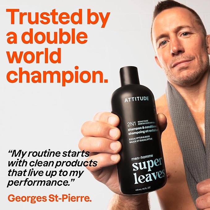 ATTITUDE Men's Shampoo and Conditioner 2-in-1, Scalp Care for Build Up & Oily Hair, Refresh With Peppermint & Willow Extract, 97% Natural Origin Ingredients, EWG Verified, Eucalyptus & Sage, 14 Fl Oz