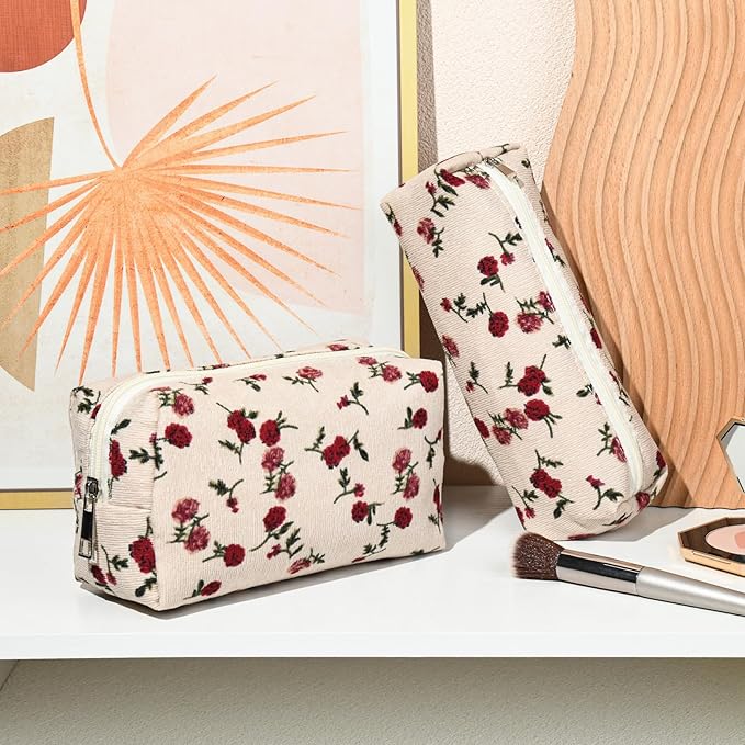 SOIDRAM Makeup Bag Floral Cosmetic Bag Cute Makeup Pouch 1Pcs Large Capacity Makeup Bags and 1Pcs Makeup Brushes Storage Bag Travel Toiletry Bag Organizer