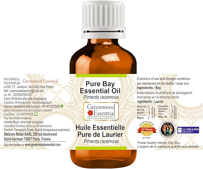 Greenwood Essential Bay Essential Oil (Pimenta racemosa) Pure | Non-Sticky | Non-Greasy | Lightweight | Men & Women | All Skin Types | Steam Distilled 5ml (0.16 oz)
