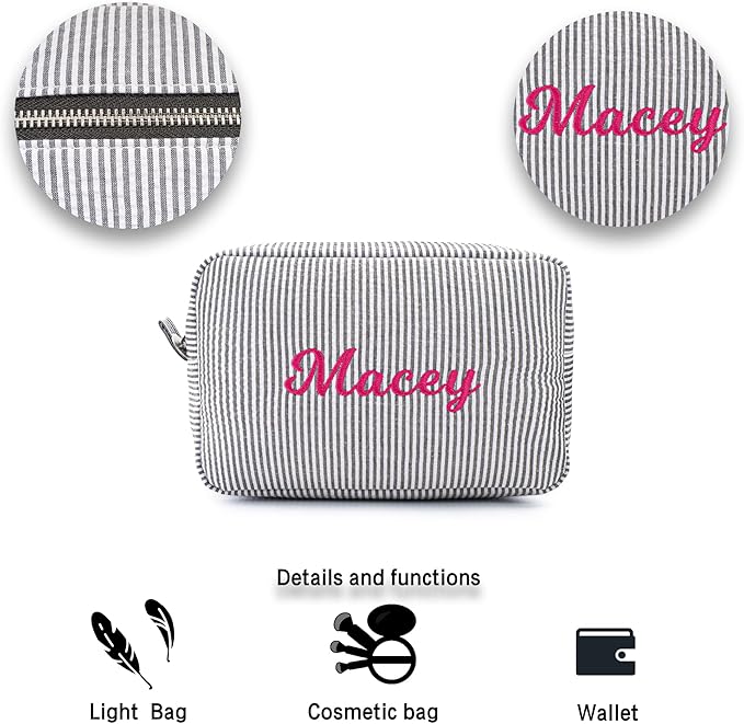 MT WORLD Cosmetic Bag Personalized Makeup Bag for Women Girls Seersucker Preppy Bridesmaid Makeup Bag Cute Aesthetic Toiletry Bag Girls Handbags Purses (Black)