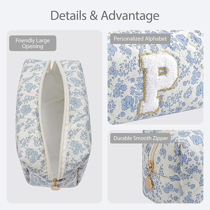 Gleyemor Personalized Initial Makeup Bag for Women, Cute Quilted Blue Floral Cotton Cosmetic Bag, Christmas Gifts for Her Mom Friend Sister Bridesmaid Teacher Women P