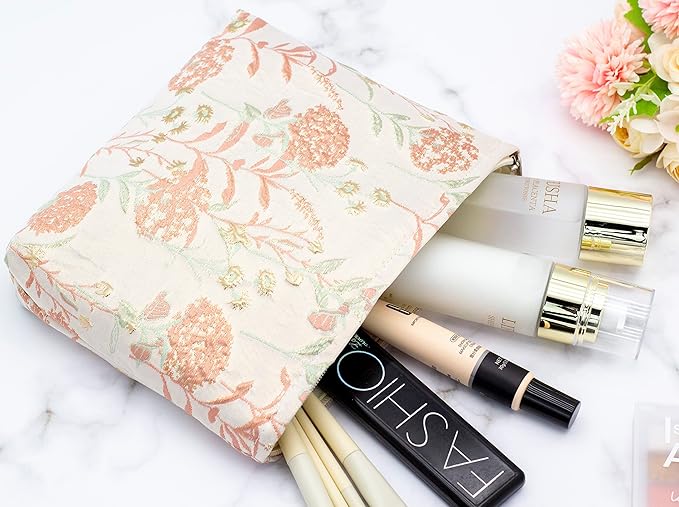 Makeup Bags for Purse Zipper Cosmetic Pouch Large Travel Canvas Make Up Organizer Tool Pouch for Women and Girls,Brocade Flower Pink