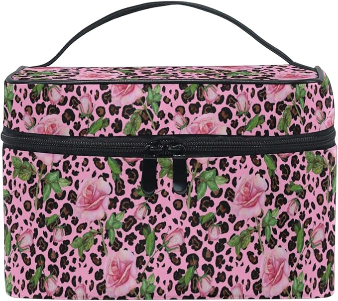 Makeup Bag, Roses On Pink Leopard Travel Makeup Organizer Bag Cosmetic Cases Toiletry Bags for Girl Women Ladies