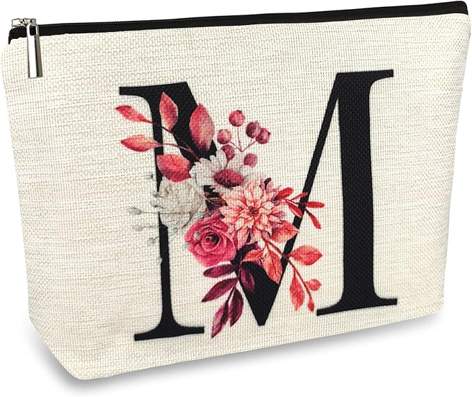 Initial A-Z Personalized Floral Makeup Bag, Monogrammed Birthday Gifts for Women Mom, Mothers Day Christmas Gift Ideas for Best Friend, Bride Bridesmaid, Her, Grandma, Small Travel Cosmetic Bag (M)