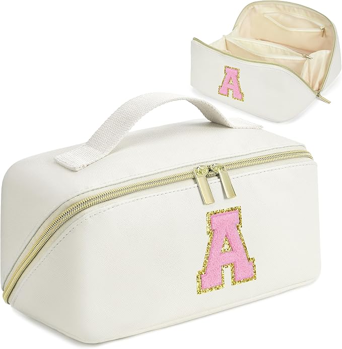 for Christmas Day Gifts, Makeup Bag for Women, PU Leather Travel Toiletry Bags, Initial Make Up Cosmetic Pouch for Teen Girls, Wide Open Portable Skincare Bag, Personalized Birthday Gifts, White A