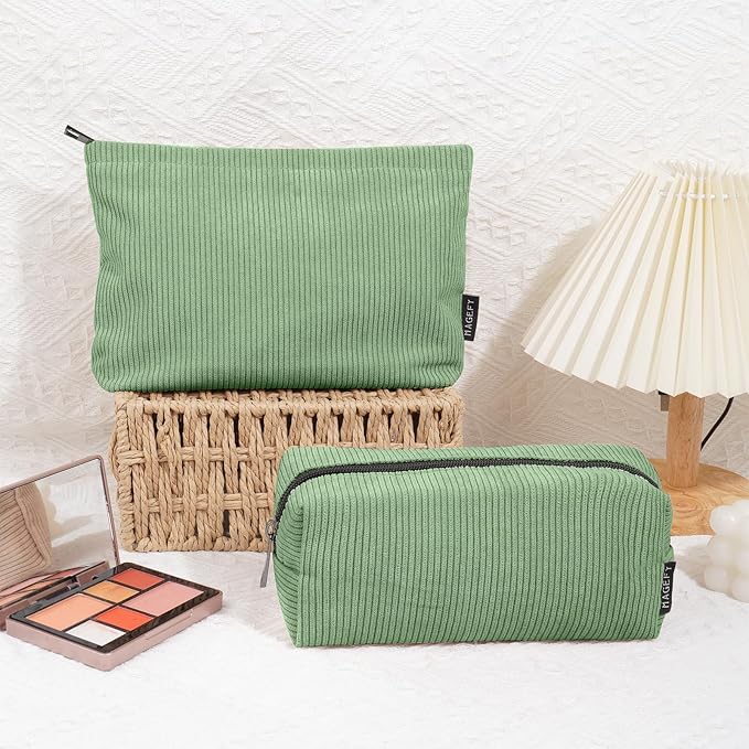 MAGEFY Makeup Bag 2 PCS Corduroy Make up Bag for Purse Travel Cosmetic Bag for Women Small Makeup Pouch Cute Makeup Brush Bag Preppy Stuff Travel Essentials - Green