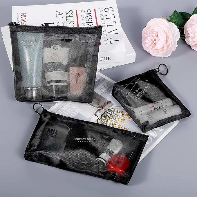 8 Pack Mini Zipper Mesh Makeup Bags, Nylon Cosmetic Bags Toiletry Purse Travel Organizer Bags Inside Bag for Office Travel Organization (Widened-Black, M)