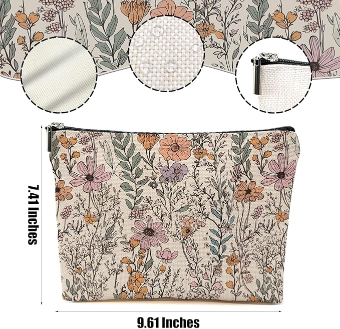 Secret Santa Gifts Vintage Wildflowers Makeup Bag Floral Garden Flower Cosmetic Bag Friend Friendship Gifts for Women Girls Sister Coworker Botanical Zipper Pouch Christmas Thanksgiving Birthday Gift