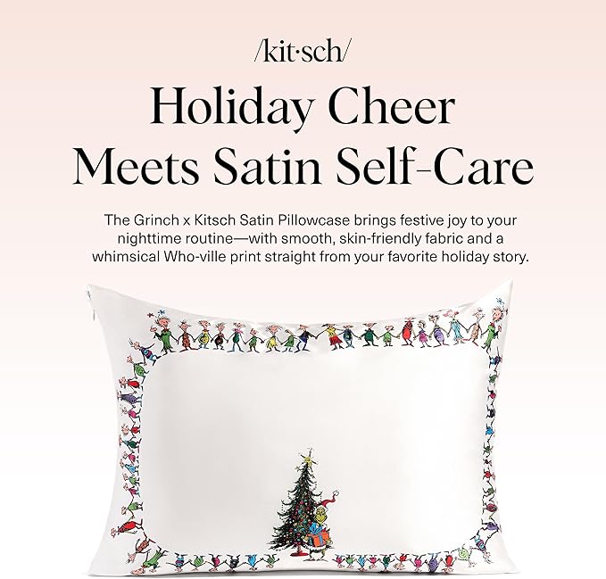 The Grinch x Kitsch Satin Pillowcase with Zipper for Hair & Skin - Softer Than Silk Pillow Cases, Smooth Cooling Pillow Cover, Wrinkle-Free, Machine Washable, Queen/Standard (19x26) - Who-Ville