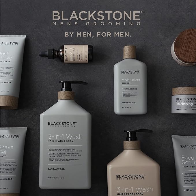 Blackstone 3-in-1 Wash for Men | Cleanse & Condition Hair, Body, & Face | All Skin & Hair Types | Coconut Oil & Vitamin B5 - Sandalwood (32 ounces)