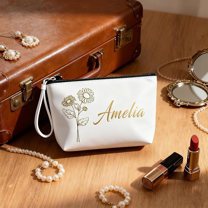Personalized Makeup Bag Initial&Birth Flower Custom Small Travel Cosmetic Bag with Name Cute Makeup Bag for Women Girls