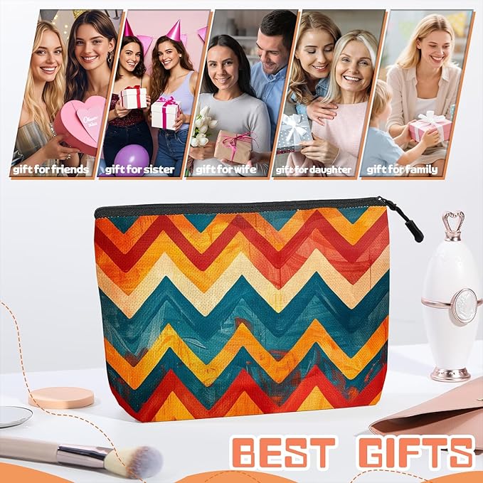 Cosmetic Bags Travel Makeup Toilet Case Waterproof Pouch for Women Girls 6.7X9.45inches - Zigzag Pattern in Warm And Cool Tones