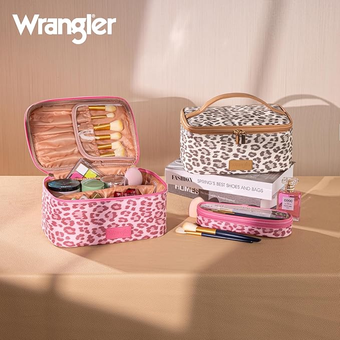 Montana West X Wrangler Travel Makeup Bag 2pcs Set Large Cosmetic Bag with Makeup Brush Holder Portable Make Up Organizer Cute Toiletry Bag with Divider and Handle for Women Leopard