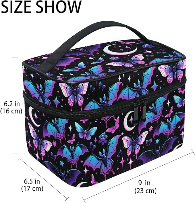 MNSRUU Makeup Bags, Neon Purple and Bats Stars and Moons Makeup Organizer Bags Toiletry Bag Box Travel Cosmetic Bag Make Up Train Case for Women Teen Girl Ladies