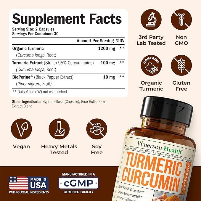Turmeric Curcumin Supplement with Black Pepper Extract - High Potency Organic Turmeric 1200mg & 95% Curcuminoids for Joint & Digestive Health - Joint Support Supplement - 60 Vegan Curcuma Capsules