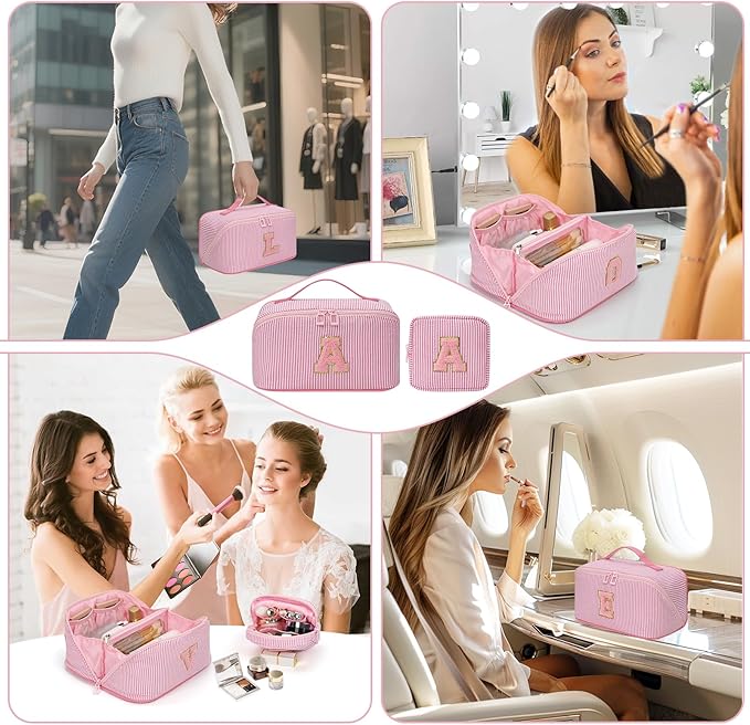Travel Makeup Bag for Women, 2Pcs Portable Personalized Initial Makeup Organizer Bag, Open Flat Large Cosmetic Bag With Travel Essential Pouch (Pink Letter D)