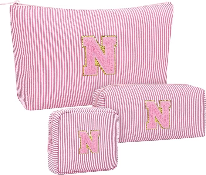 Initial Makeup Bag Cosmetic Case Bridal Shower Gifts - Bridesmaid Bag,Bridesmaid Proposal Gifts for Wedding Day,Maid Matron of Honor Gift, Bride to be Gifts,Bachelorette Party Favors,3PCS,Pink N