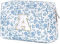 Narwey Christmas Gifts for Teen Girls Kids Women Personalized Initial Floral Makeup Bag Cute Cosmetic Trendy Stuff 6 8 10 11 12 13 14 16 18 Years Old Travel Toiletry Bag (Little Blue Flower A)