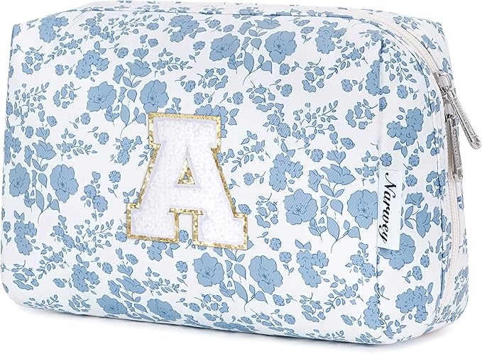 Narwey Christmas Gifts for Teen Girls Kids Women Personalized Initial Floral Makeup Bag Cute Cosmetic Trendy Stuff 6 8 10 11 12 13 14 16 18 Years Old Travel Toiletry Bag (Little Blue Flower A)