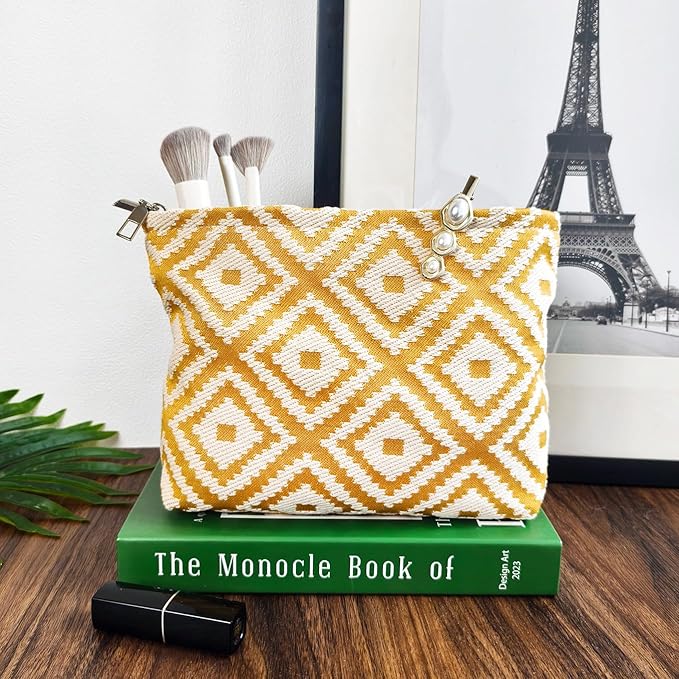 STARDW Parallel Checkered Makeup Bag Cute Cosmetic Bags for Women Girls, Travel Toiletry Bag Large Capacity Zipper Makeup Pouch, Purse Organizer Pouches(Embroidery Yellow)